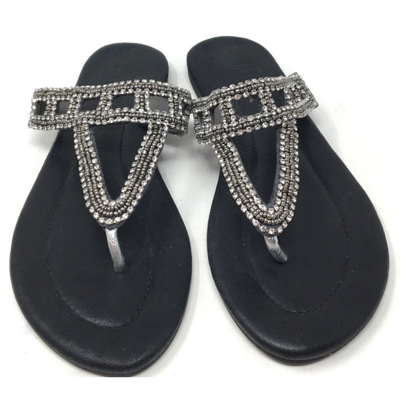 Skemo Adriana Women's Size 7 Black Leather Crystal Thong Sandals Shoes - Picture 4 of 7